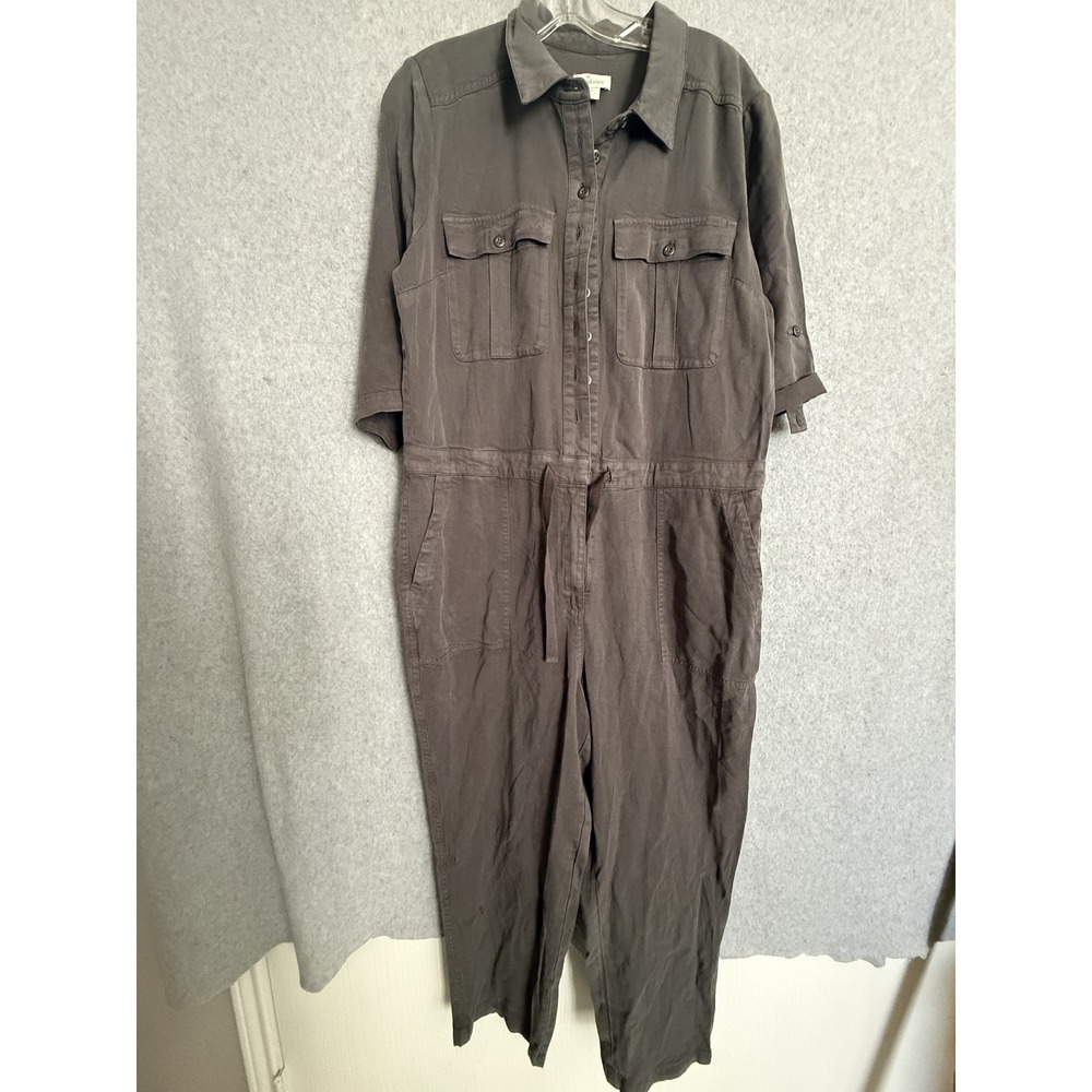 Sundance Jumpsuit Womens Petite Large Brown Twill Utility Button Front Tie Waist